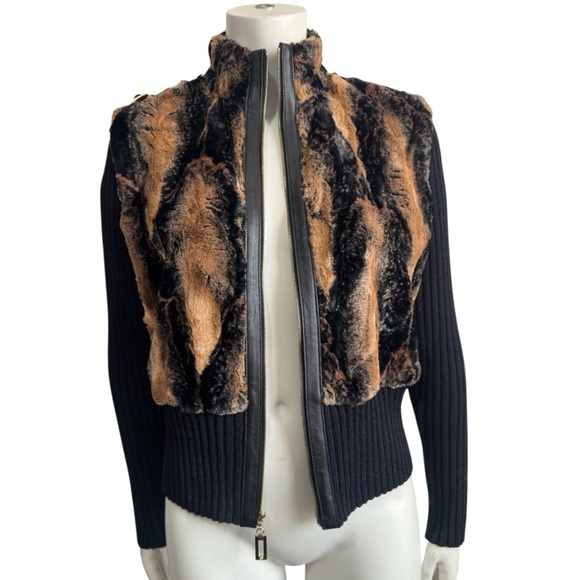 ST. JOHN Leather Trimmed Faux Fur Luxury Knit Jacket Black Tan Size Small - Picture 12 of 15
